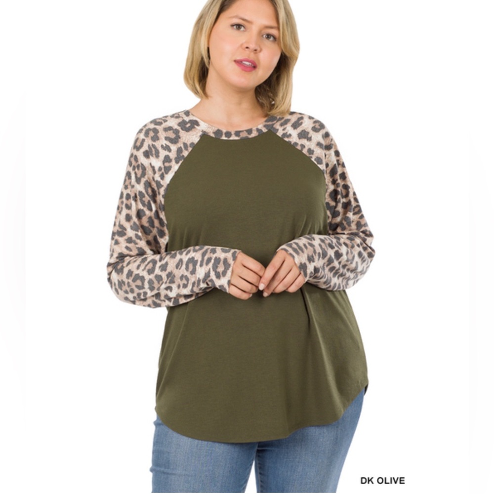 Plus Raglan Leopard Long Sleeve MODEST top 1X-3X NEW Dark Olive